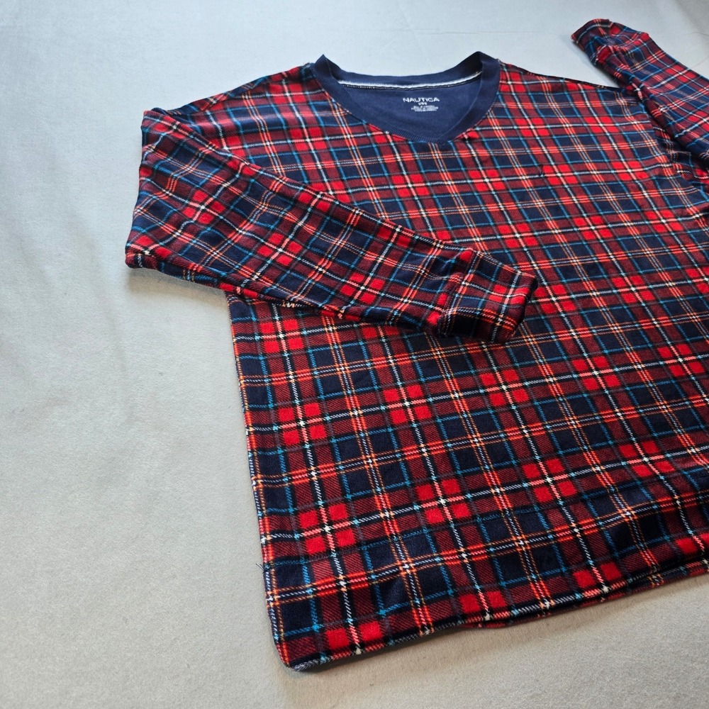 Nautica Mens Pajama Set Red Navy Blue Plaid Fleece Sleepwear Large PJs EUC - Picture 4 of 8